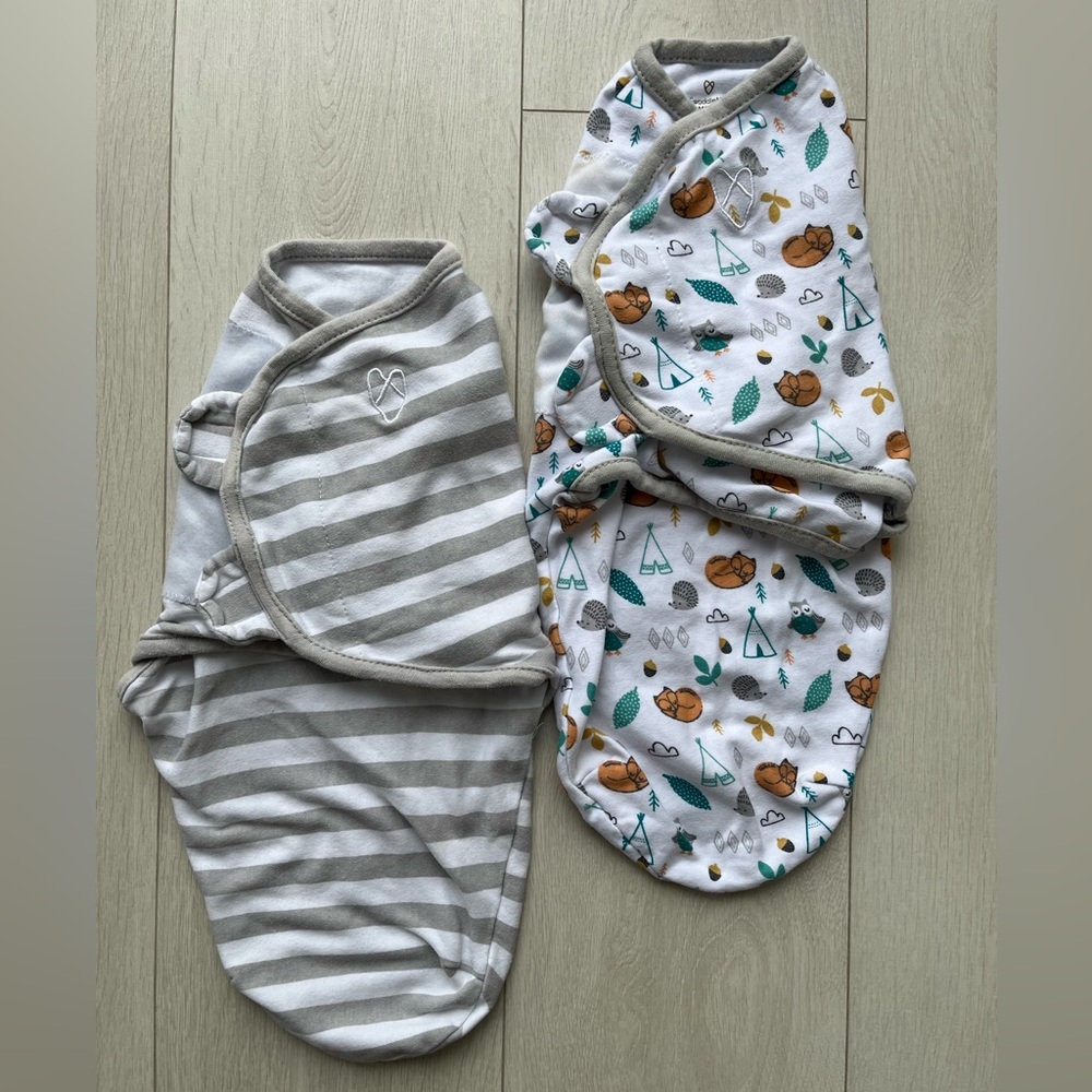 SwaddleMe Original swaddles x 2 - grey & white stripe and fox print - sm/med